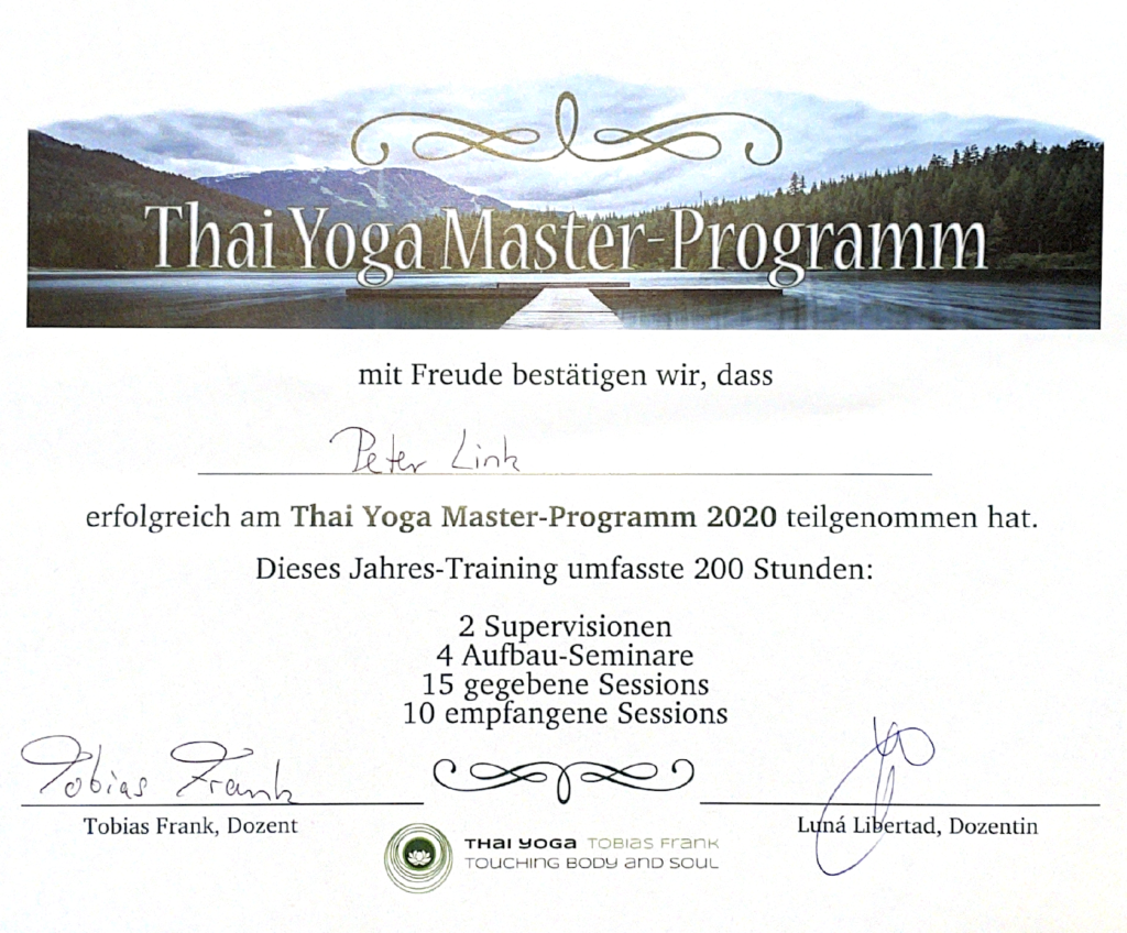 Peter Link, Thai Yoga Master nach Tobias Frank, Zertifikat