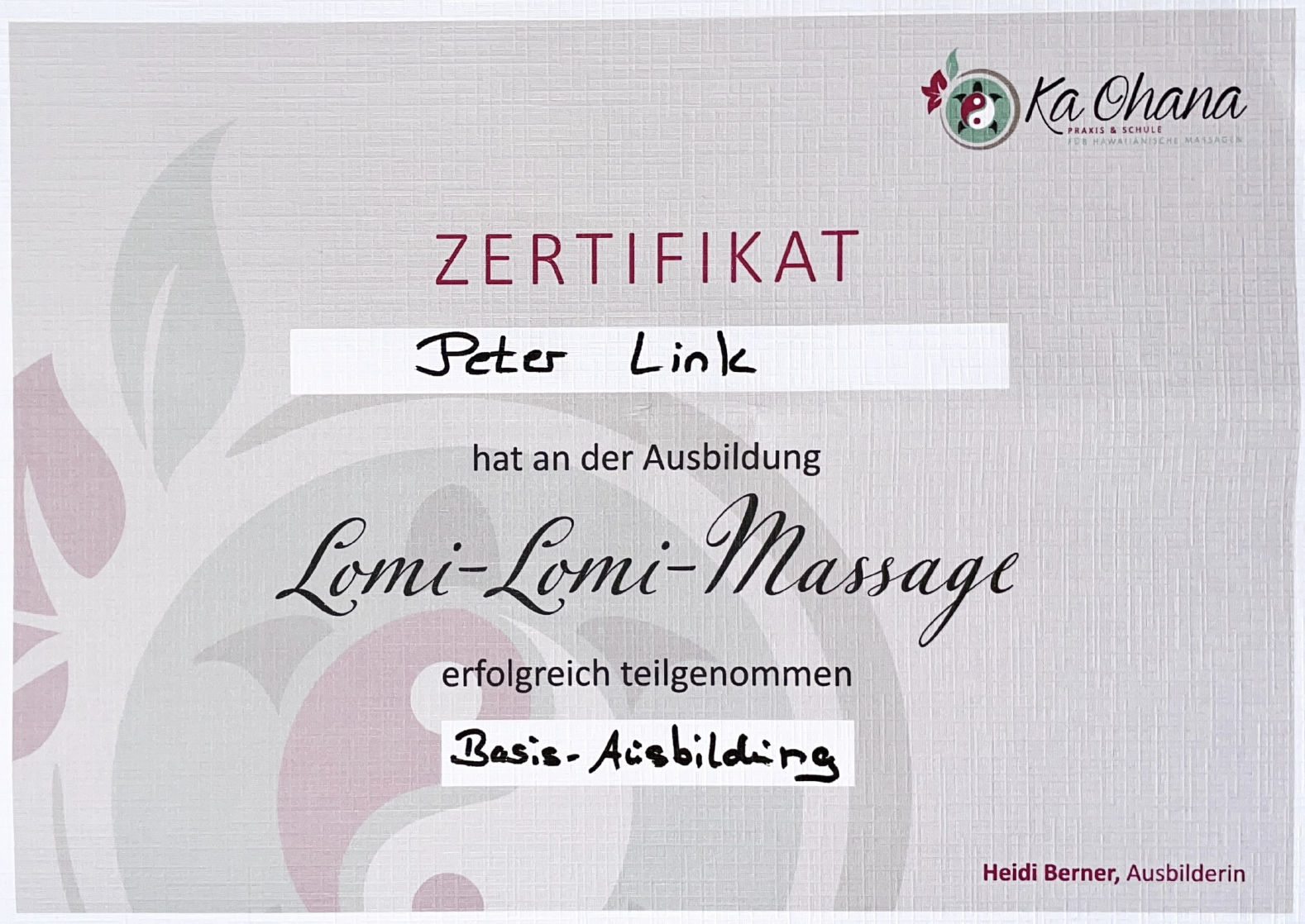Zertifikat Massage Lomi Lomi Peter Link
